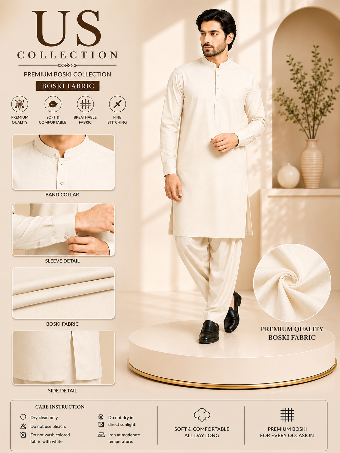 Premium Boski Creme Fabric Men's Unstitched Suit 8 Pound