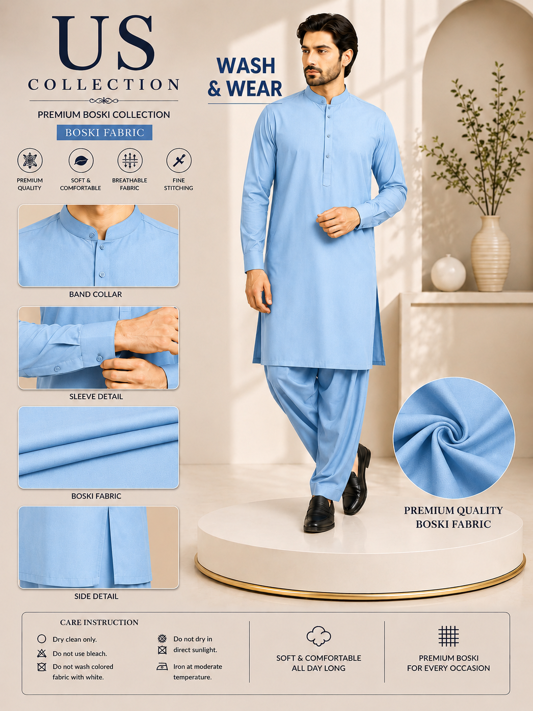 Premium Wash & Wear Sky Blue Unstitched Suit