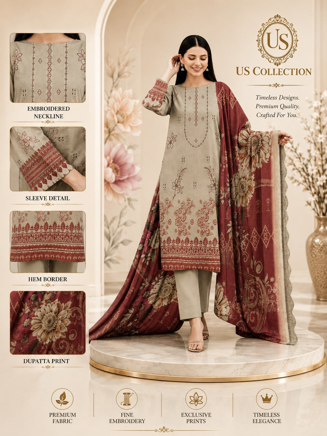 Elegant Embroidered Lawn Suit with Printed Dupatta