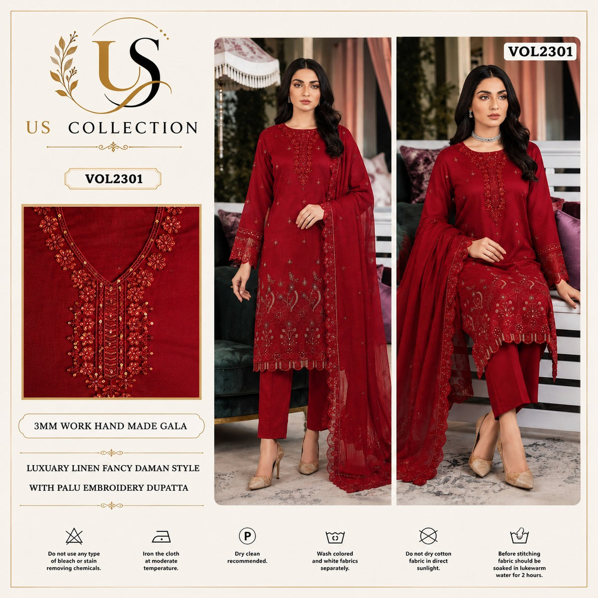 Luxury Embroidered Linen 3-Piece Unstitched Suit – VOL2301 | US COLLECTION